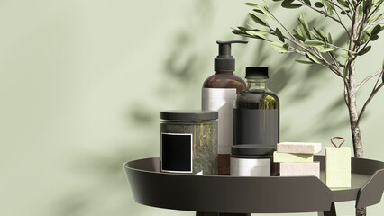 3D render mock up, a set of Aroma spa product containers pump bottle, salt jar, soap bars arranging on a dark gray tray with sunlight shine on a plants create beautiful leaves shadow on green wall
