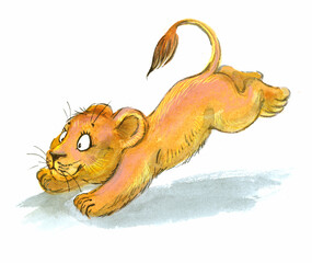 The lion cub is running, a cute cartoon character