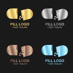 Vector set of luxury golden pill logo on black background, and also in color, silver, bronze and diamond