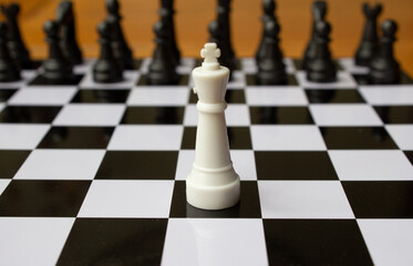 The chess king is alone against all pieces. Team game concept. There is safety in numbers.
