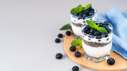 Delicious dessert of blueberries, yogurt and chia seeds for breakfast. Healthy food concept. ?lose-up. Place for text.