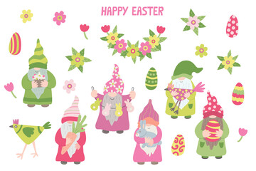 Set with funny gnomes, eggs and  flowers. Spring hand drawn flat vector illustration. Great for Easter design. Green, pink and yellow colors. Happy Easter hand drawn lettering.
