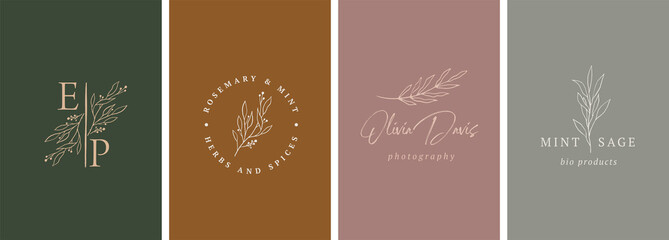 Elegant, botanique logo collection, hand drawn illustrations of flowers, leaves and twig, delicate and minimal monogram design - obrazy, fototapety, plakaty