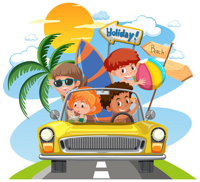 Children in classic car with holiday theme