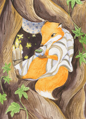 Watercolor illustration of a fox in a hollow with a cup of tea in his hands