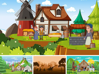 Set of different scene medieval with silhouette