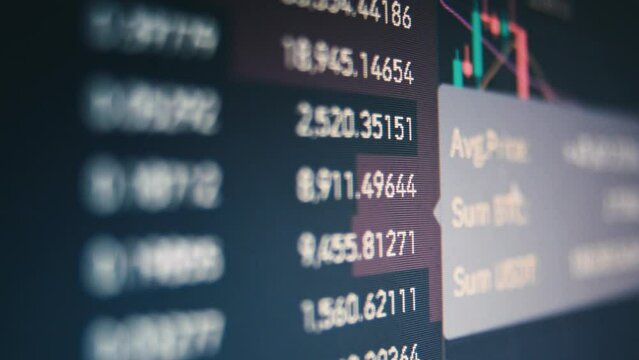 Crypto market currencies screen changes rising falling bitcoin etherium black night dark theme. Stock market changing values prices. Cursor going around the screen, pointing. Candle graphs.