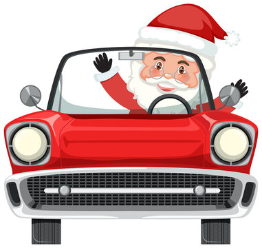 Santa Claus in classic car in cartoon style
