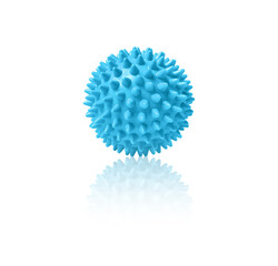 Blue plastic spiny massage ball isolated on white. Concept of physiotherapy or fitness. Closeup of a colorful rubber ball for dog teeth on a white color background. Corona virus model.