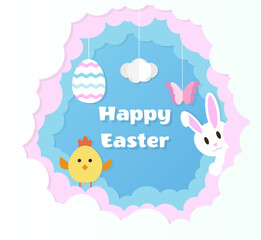 Obraz na płótnie Canvas Vector Happy Easter greeting card, cute white bunny and yellow chicken illustration in paper cut style