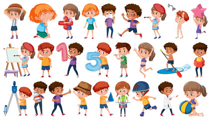 Set of children doing different activities on white background