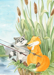 Watercolor illustration of a fox with a friend on a fishing trip