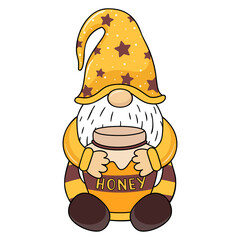 Gnome holds a barrel of honey in his hands. Spring and summer bee gnome in stripes. Vector illustration.