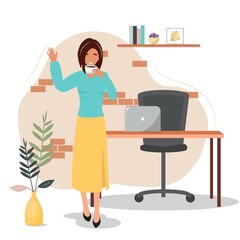 Office woman holding a cup of coffee, tea. Woman taking a coffee break in the office, home office. Office concept illustration.