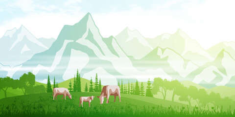 Hills against the background of alpine peaks, cows graze in the meadow, spring early view © Valerii