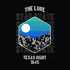 TEXAS NIGHT LANDSCAPE. GRUNGE  STENCIL FONT. THE LONE STAR STATE VECTOR PRINT
