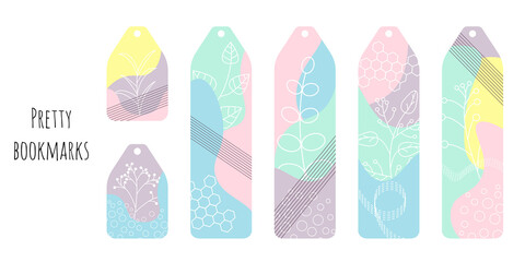 Set of 6 bookmarks with colored spots and decorative elements. Line botanical illustration. Bright and positive colors. Isolated on white background. Bookmark templates for reading.