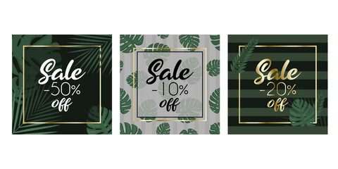 Set of 3 promotional sale banners. Cards with discounts 50% 20% 10%. Dark green square cards with decorative monstera and palm leaves. Golden frames. Isolated on white background. Promotional offer.