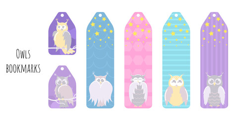 Set of 6 bookmarks and stickers with cute owls and decorative elements. Minimalistic illustration. Children's bookmarks for reading. Bright and positive colors.Isolated on white background.Separators.
