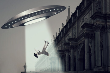 UFO. People are kidnapped on a flying saucer, paranormal and mystical phenomenon. Collage,...
