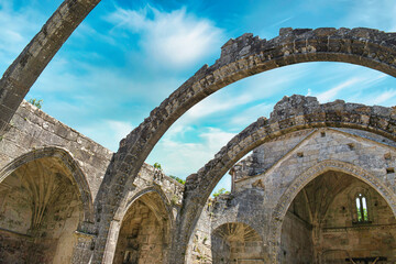 Fototapeta na wymiar Antiguos arcos en ruinas de la bóveda iglesia de santa María en la villa gallega de Cambados, España.tif
