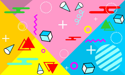 Memphis style abstract background with cheerful colors and geometric ornament