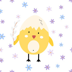 ute Easter vector card. Easter chick and easter eggs Illustration in scandinavian style for Card, Greeting, Banner.