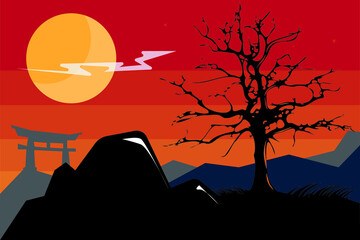 Mountain Sunset Landscape with Japanese Gate. Simple Illustration in Vector format. 