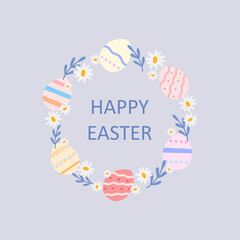 Happy Easter Vector Card. Cute Egg and flower frame. Easter Illustration for card, greeting, banner, template.