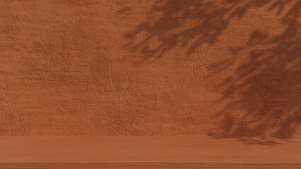 3D rendering illustration of stone product display shelf with leaves shadow.