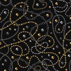 Seamless pattern with shiny realistic metal chains and beads in mess on black background. Golden, silver, black steel colors. Vector illustration for print, fabric, textile.