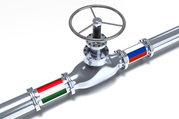 Gas pipeline, flags of Hungary and Russia - 3D illustration