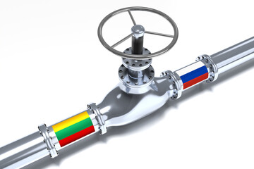 Gas pipeline, flags of Lithuania and Russia - 3D illustration