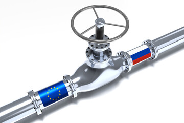Gas pipeline, flags of European Union and Russia - 3D illustration - obrazy, fototapety, plakaty