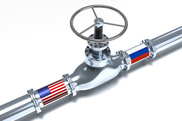 Gas pipeline, flags of USA and Russia - 3D illustration