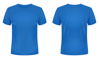 Blank blue t-shirt template. Front and back views. Vector illustration. - obrazy, fototapety, plakaty