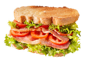 Bacon BLT sandwich with double bacon, lettuce and tomato. Isolated.