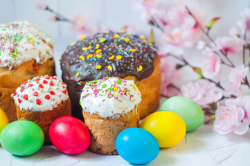 delicious Easter cake with colored eggs for the religious holiday Easter in spring in April