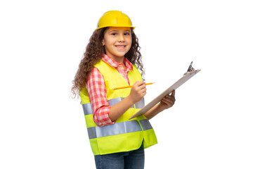 building, construction and profession concept - smiling little girl in protective helmet and safety vest with clipboard and pencil over white background
