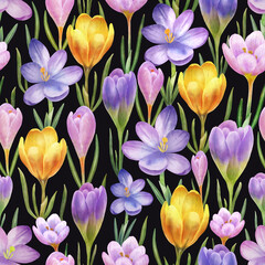 Seamless pattern with crocus flowers. spring decoration. botanical print. Modern trendy design. Background, wallpaper, wrapping, textile template.