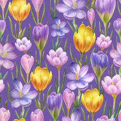 Seamless pattern with crocus flowers. spring decoration. botanical print. Modern trendy design. Background, wallpaper, wrapping, textile template.