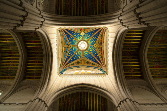 Interior of the square cupola of Almudena Cathedral in Madrid, Spain. 
