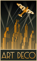 Art Deco Streamline Poster. 1920s-1930s Style Retro Futurism City Art
