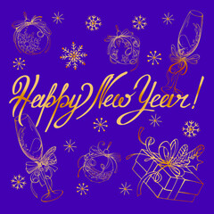 Vector holiday  template: golden text happy new year, decorated glasses of champagne, balls, snowflakes, gift box with bow on purple background. Design for card, poster, invitation, packing.