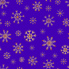 Vector seamless pattern: golden snowflakes on purple background. Christmas or new year design for textile, wrapping paper, wallpaper, card, packing.