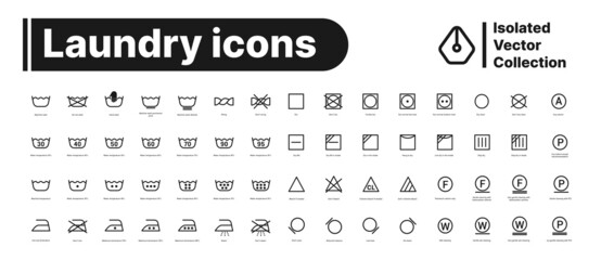 Laundry icons black collection vector. Isolated washing symbols guide set on white background. Outline laundry care signs. Hand or machine wash clothing instructions. Vector illustration.