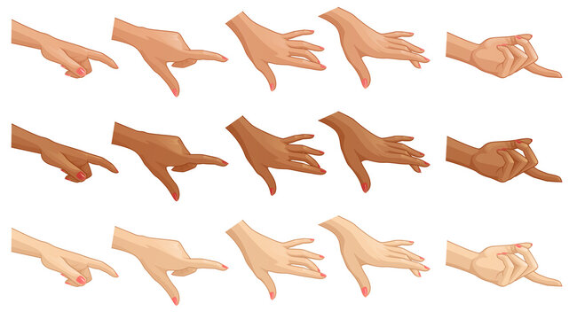 Cartoon hand gesture set for design in different skin colors. Vector illustration