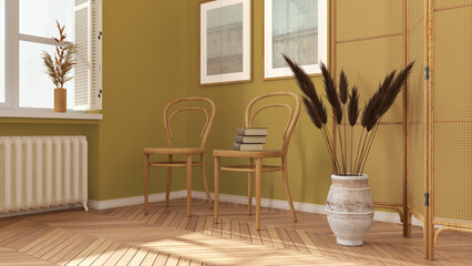 Contemporary wooden living room in yellow tones, lounge, waiting room with rattan chair and booth. Herringbone parquet floor, window with shutters and decors. Modern interior design