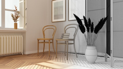 Architect interior designer concept: hand-drawn draft unfinished project that becomes real, wooden living room, lounge, waiting room with rattan chair and booth. Parquet floor