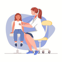Illustration for medicine, healthcare, childcare concept. Little girl sits on chair in front of pediatrician examining child's health and listening to heartbeat and breathing with stethoscope. Vector.